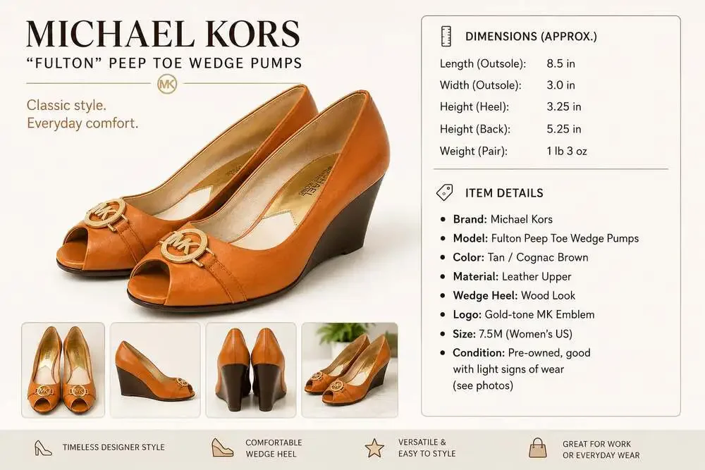 Michael Kors Tan Leather Peep Toe Wedge Heels with Gold MK Logo Accent